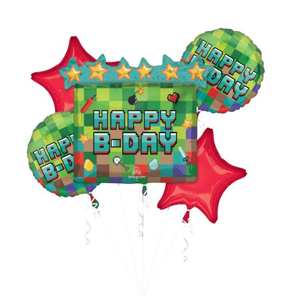 Anagram Minecraft Pixel Party Birthday Foil Balloon Bouquet 5ct